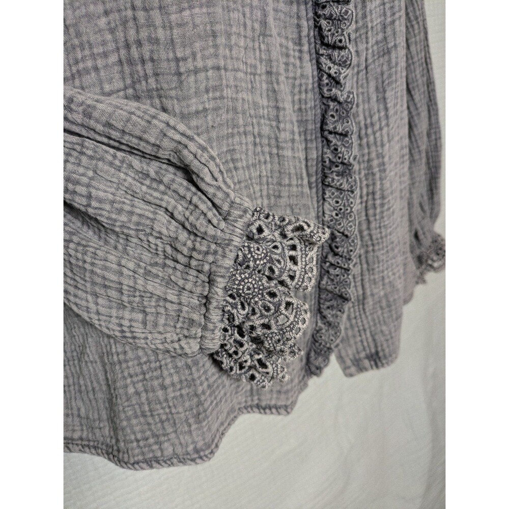 Grey Gauze Waffle Button up Eyelet Lace Ruffle Long Sleeve Women's Shirt Small - Picture 4 of 11